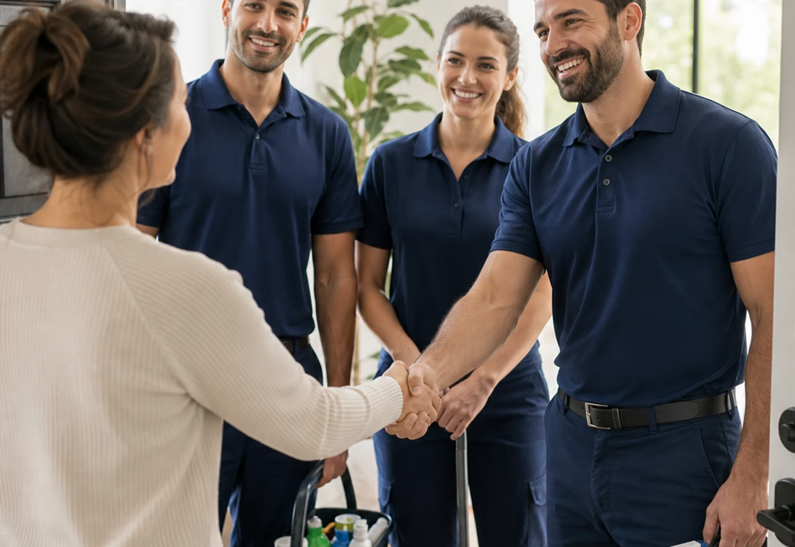 Royal Crystal Cleaning team greeting a customer at a clean modern property