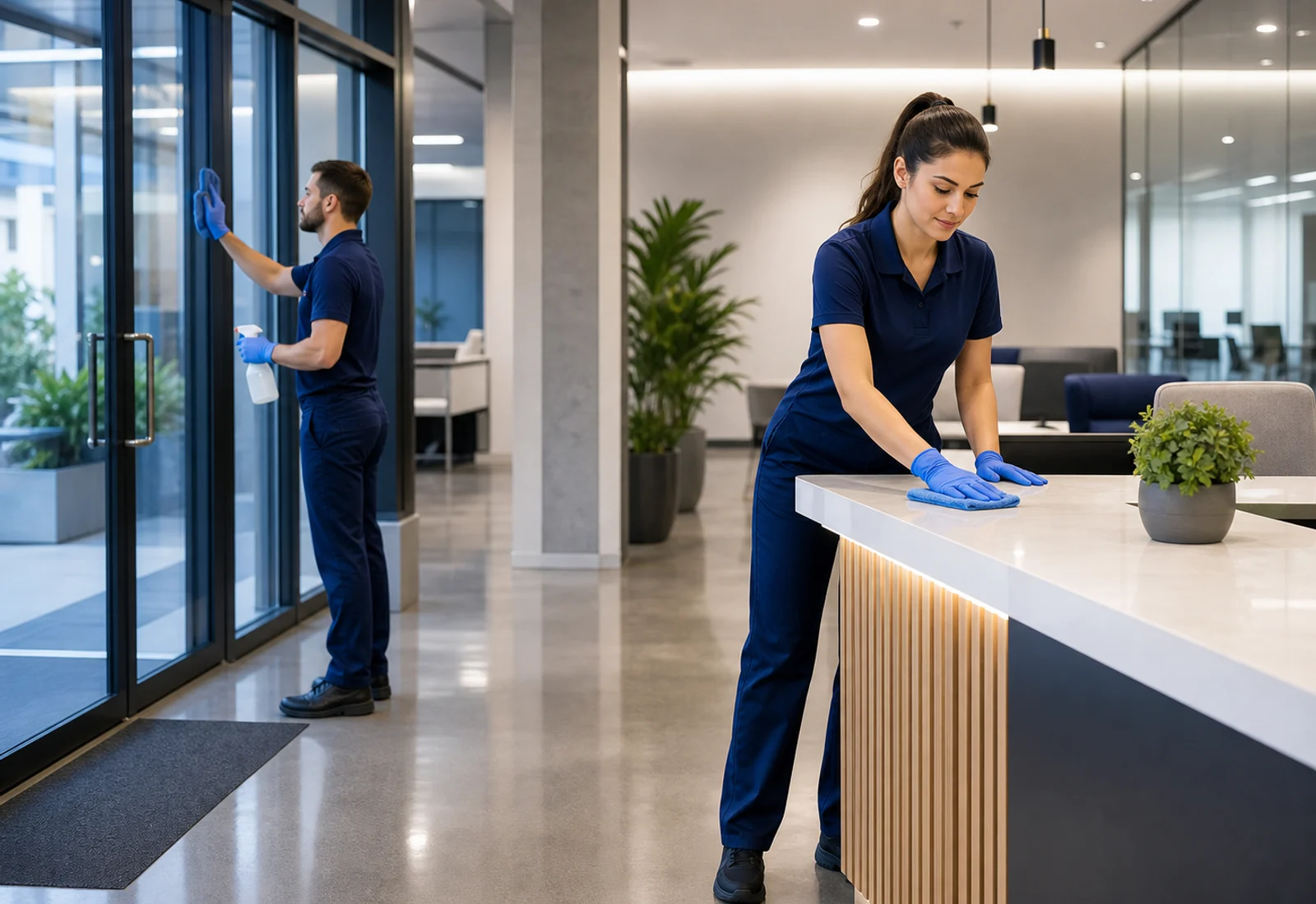 Professional cleaners wiping glass and a reception counter in a modern office