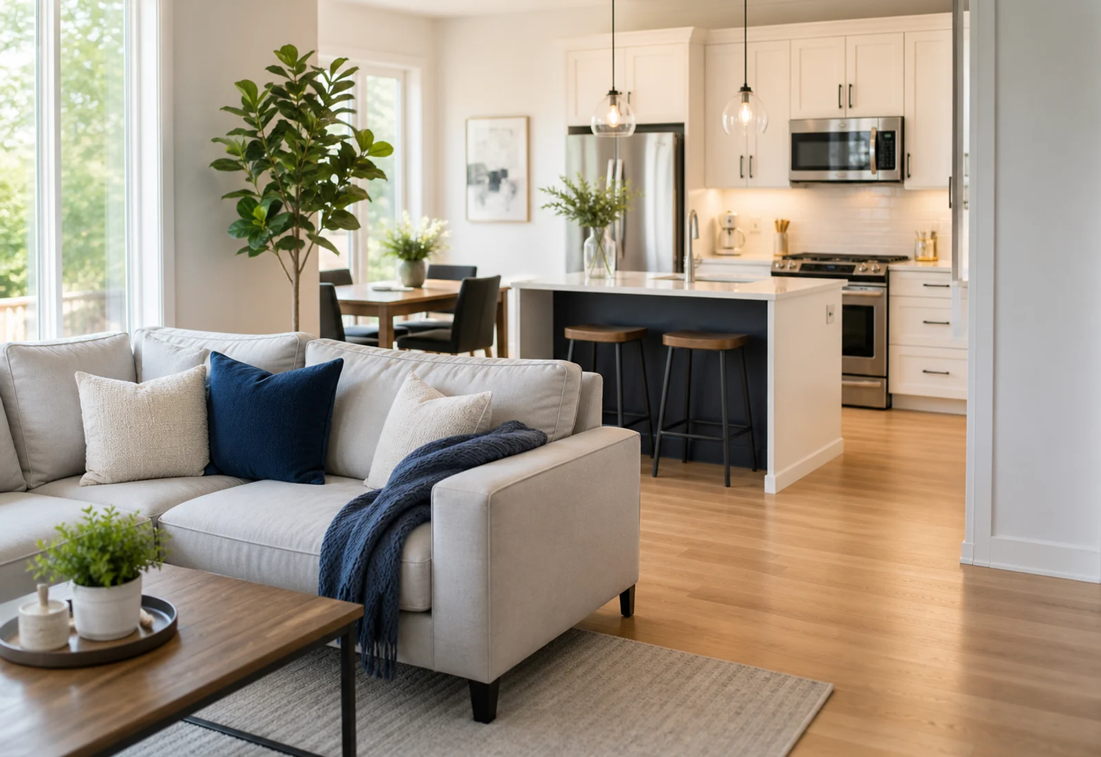 Spotless modern living room and kitchen after residential cleaning