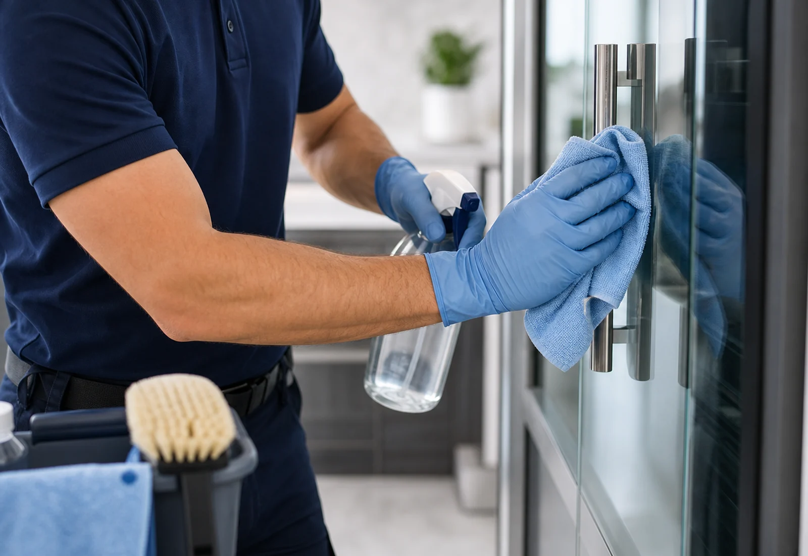 Close-up of a professional cleaner wiping a glass surface with a microfiber cloth