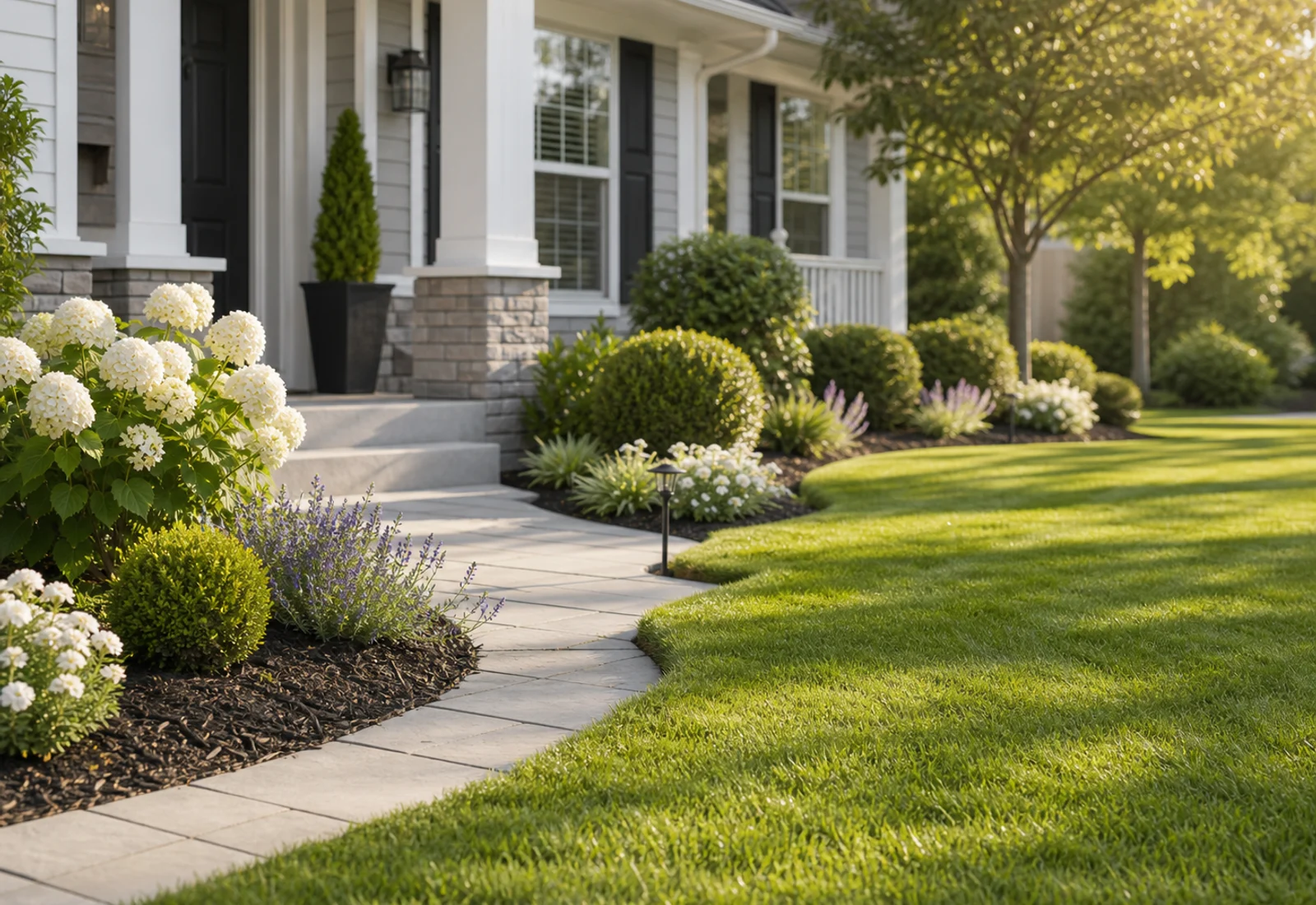 Freshly edged front lawn with trimmed shrubs and garden beds