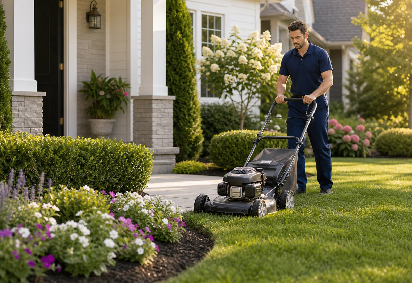 Lawn care professional mowing a freshly maintained front yard garden
