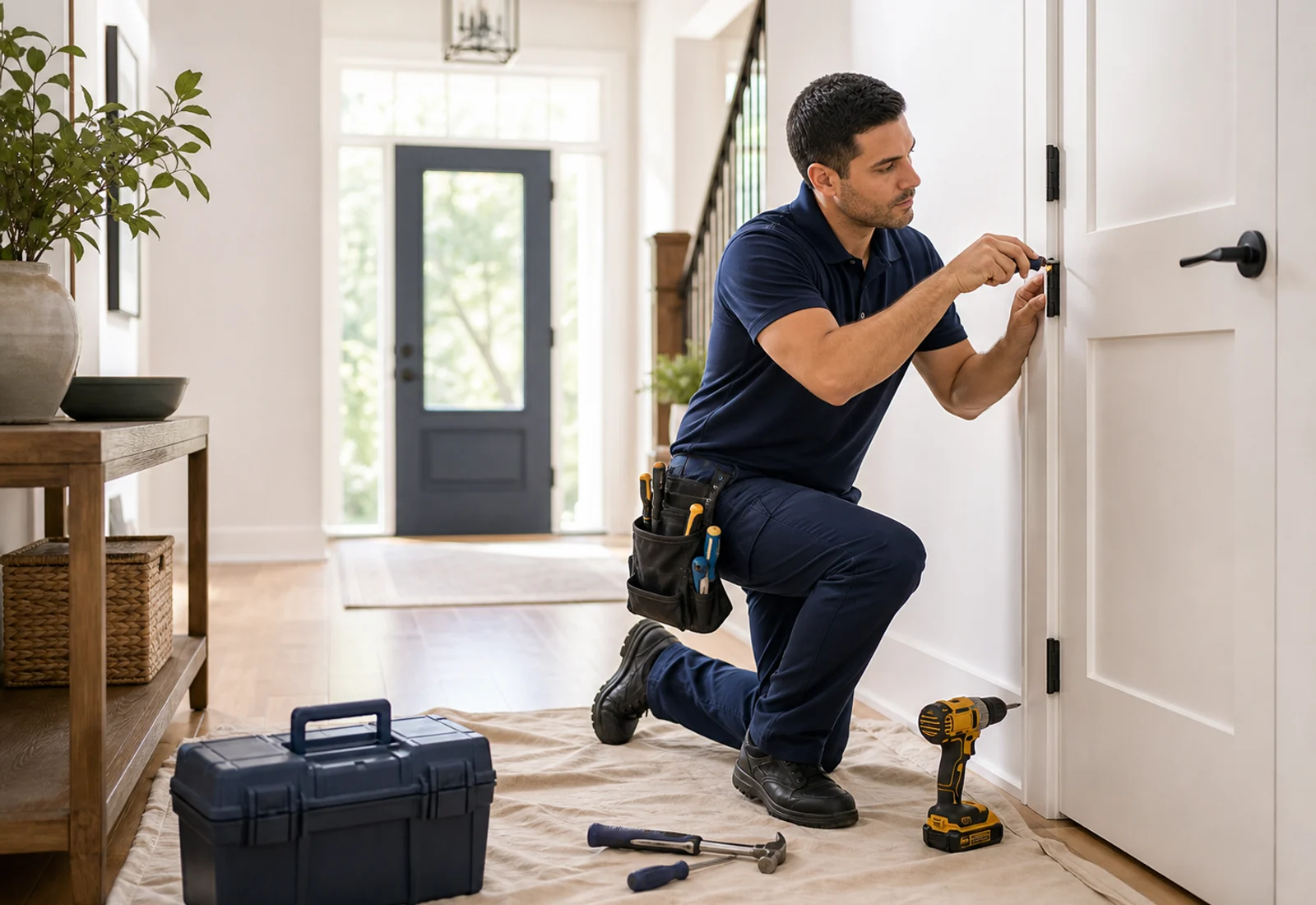 Handyman adjusting a door handle in a clean modern home entryway