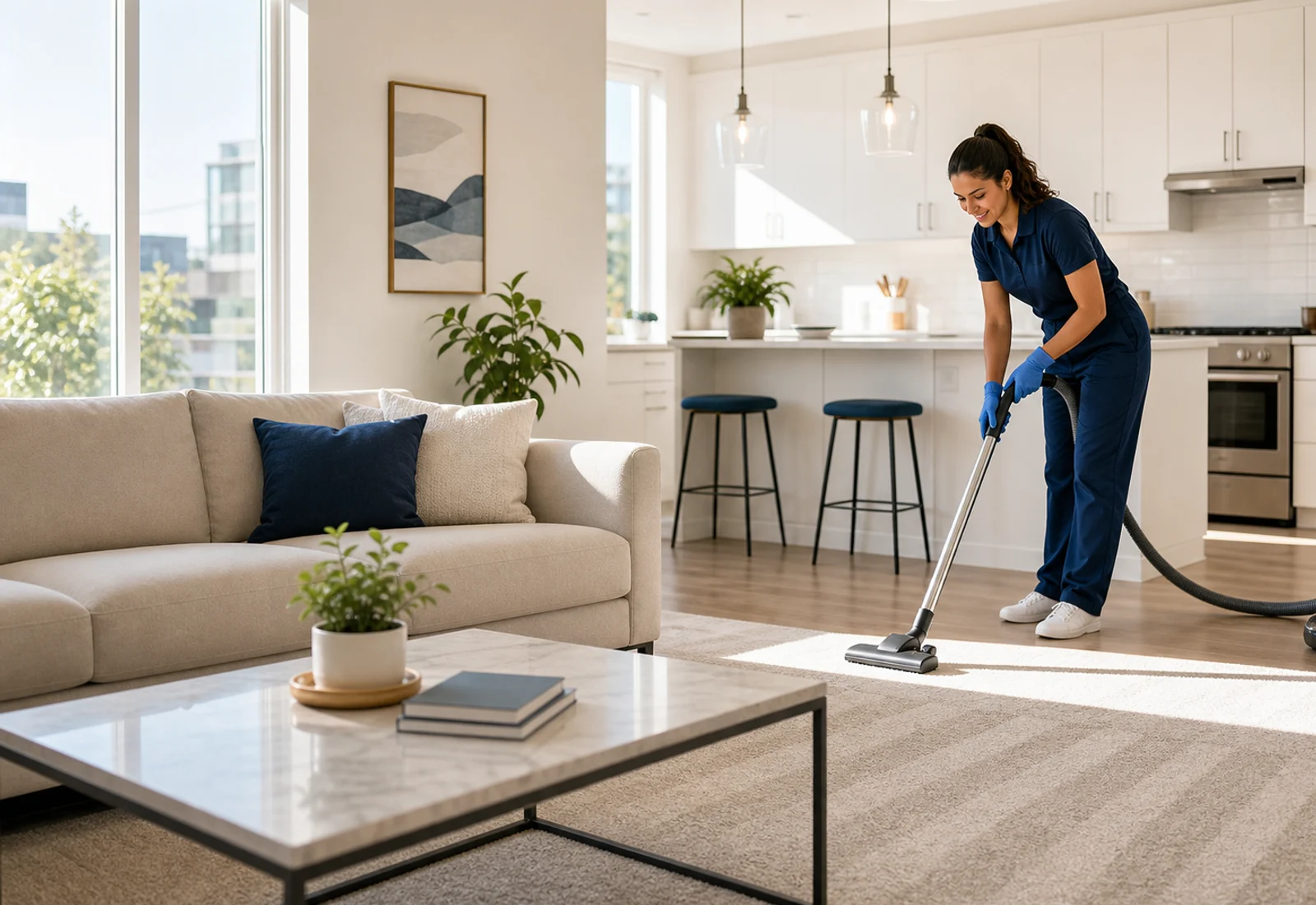 Professional cleaner vacuuming a bright modern living room and kitchen